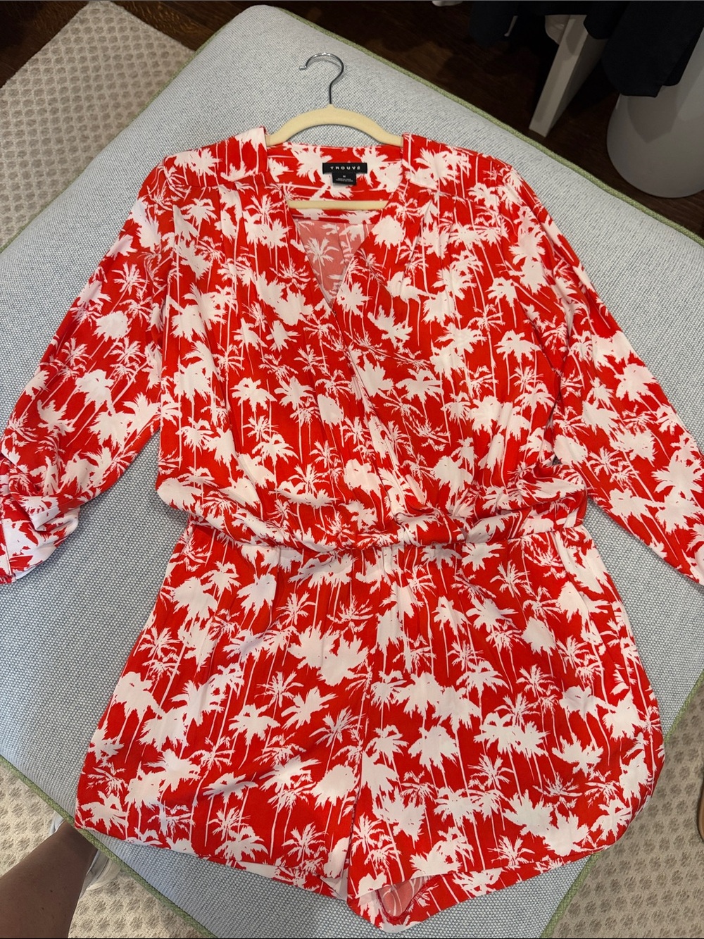 Trouvé Red and White Palm-Print Surplice Romper